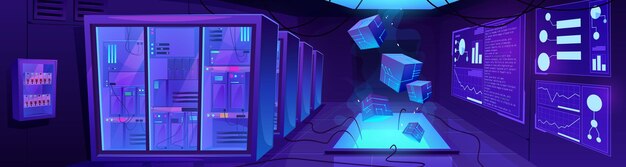 Interior de la sala del centro de datos con equipo de servidor