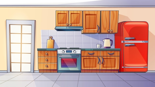 Vector gratuito interior de la sala de cocina de dibujos animados en casa con fondo vectorial de refrigerador muebles de cocina dentro de la casa acogedor apartamento con armario modular refrigerador cocina y equipo de hervidor