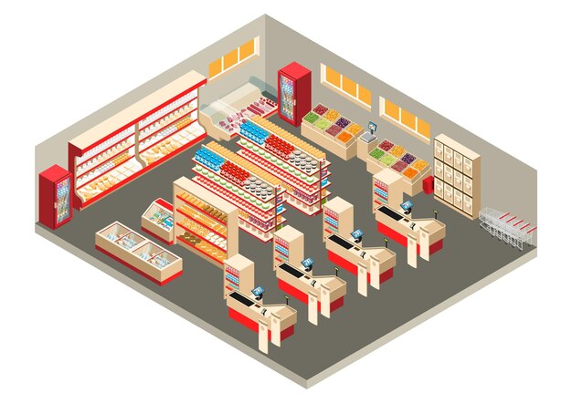 Interior de la sala de comercio del supermercado con mostradores de cajas frías y objetos isométricos de cajas aisladas en la ilustración de vector de fondo blanco