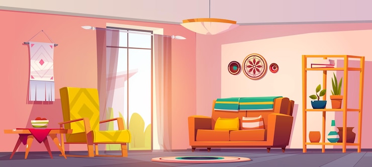 Vector gratuito interior de la sala de estar bohemia con muebles