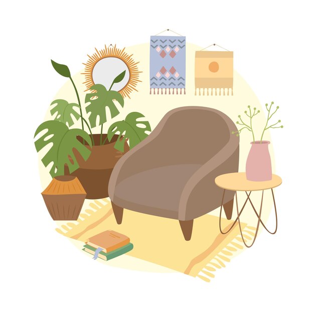 El interior de la sala de estar boho