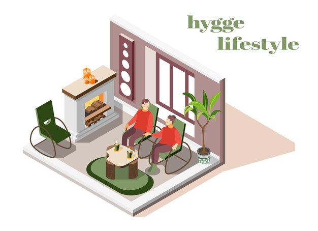 Interior de la sala de estar de Hygge lifestyle con velas de plantas de chimenea cómodas entre sí pareja isométrica