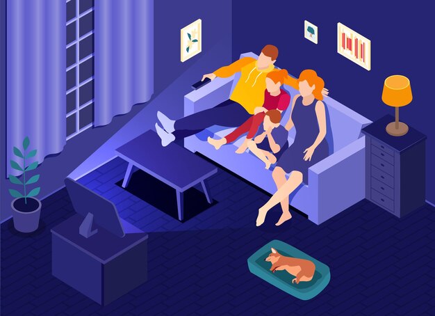 Interior de la sala de estar isométrica del cine en línea con la familia sentada en casa en el sofá viendo películas en línea