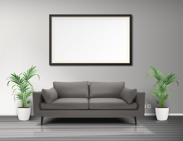 Interior de la sala de estar con macetas de sofá de marco de imagen