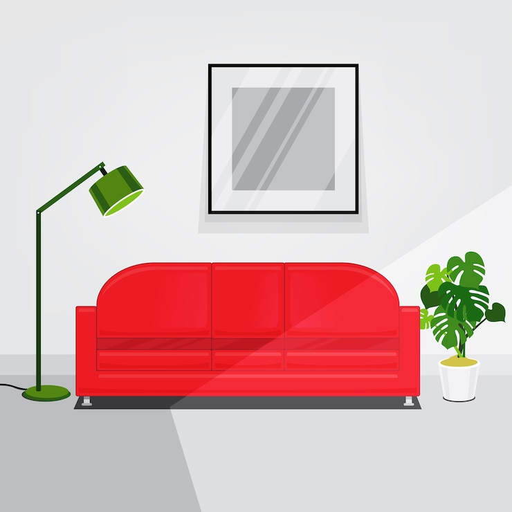 Vector gratuito el interior de la sala de estar de paredes blancas con sofá rojo