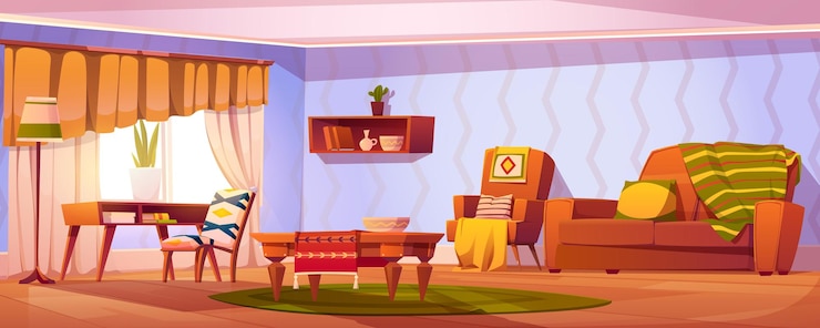 Vector gratuito interior de la sala de estar con sofá y muebles de fondo de dibujos animados diseño de apartamento interior con salón y lugar para dormir piso retro bohemio amueblado con decoración en concepto panorámico de estante