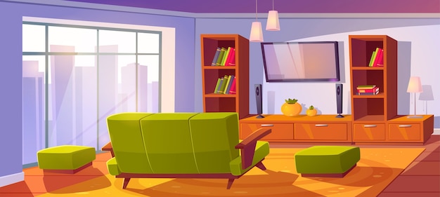 Vector gratuito interior de la sala de estar con sofá y tv vista posterior