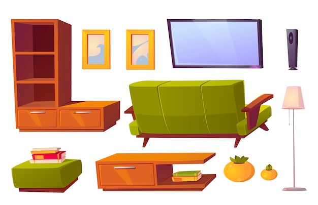 Vector gratuito interior de la sala de estar con sofá verde, estanterías y tv. colección de muebles de dibujos animados para casa, puf, marcos de fotos, lámpara de pie y vista trasera del sofá aislado sobre fondo blanco.