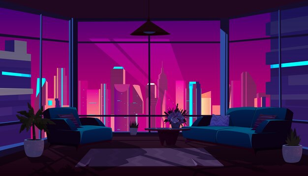 Interior de la sala de estar con ventana panorámica por la noche