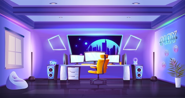 Interior de la sala de jugadores y transmisores Configuración de estudio de dibujos animados para jugar videojuegos de computadora en línea y transmitir Sala púrpura con elementos brillantes de neón en las paredes, tres monitores en el escritorio y el sillón