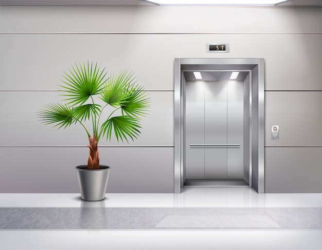 Interior de la sala moderna con palmera decorativa en abanico junto a puertas de ascensor abiertas realistas