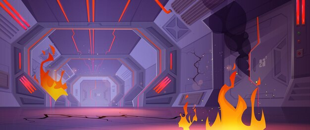 El interior de la sala de la nave espacial en fuego y humo