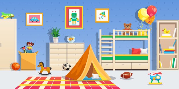 Interior de la sala de niños con muebles blancos, pelotas deportivas, carpa y coloridos juguetes horizontal plano