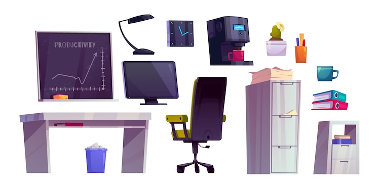 Vector gratuito interior de la sala de oficina con diseño de muebles de escritorio.