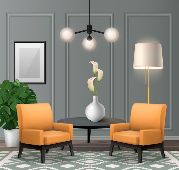 Interior de salón clásico realista con paneles de pared de lámparas colgantes y sillones naranjas ilustración vectorial
