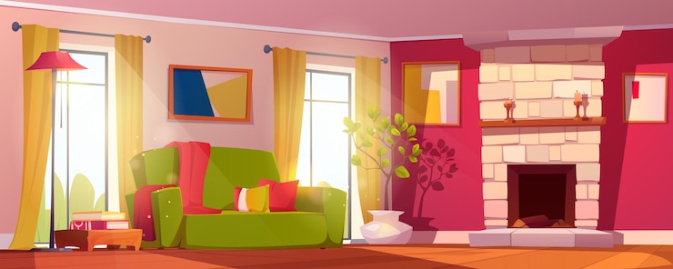 Vector gratuito interior de salón de dibujos animados con chimenea