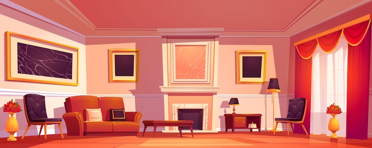 Vector gratuito interior de salón de lujo antiguo con chimenea