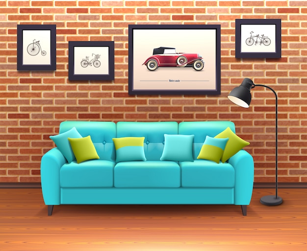 Vector gratuito interior con sofá realista ilustración