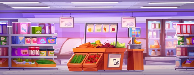 Interior del supermercado con productos de comestibles