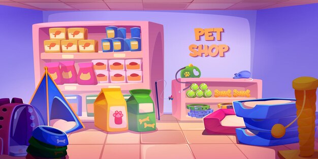 El interior de la tienda de mascotas es una tienda de animales vectoriales de dibujos animados.