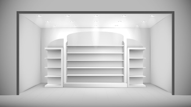 Vector gratuito interior de tienda realista con estantes blancos vacíos y luces de techo ilustración vectorial