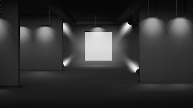 Interior vacío de la galería de arte con imagen en el centro, iluminado con focos