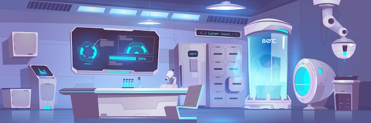 Vector gratuito interior vacío del laboratorio de criónica con equipos y técnicas.