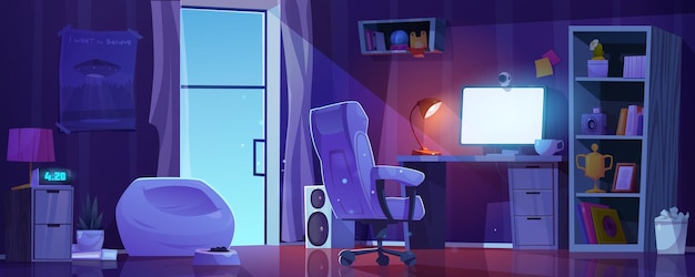 Interior vectorial de la habitación nocturna con estudio o lugar de trabajo muebles ilustración de dibujos animados equipo de escritorio de computadora para adolescentes con monitor y sillón equipo de estación de trabajo para jugadores escolares cerca de copa en el estante