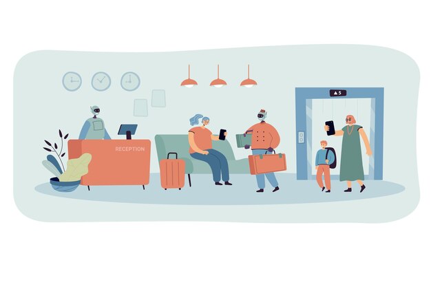 Interior del vestíbulo del hotel de dibujos animados y personal robótico