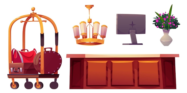 Vector gratuito interior del vestíbulo del hotel con recepción y candelabro