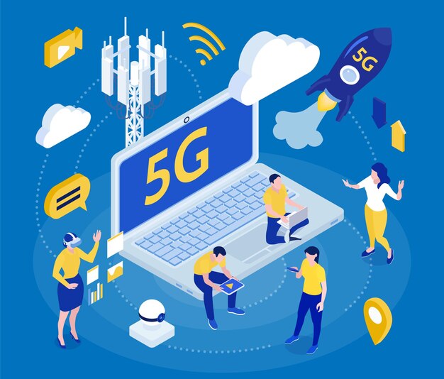 Internet 5g, rápido, seguro, ciudad inteligente, infraestructura, red empresarial, dispositivos móviles, promoción, composición isométrica