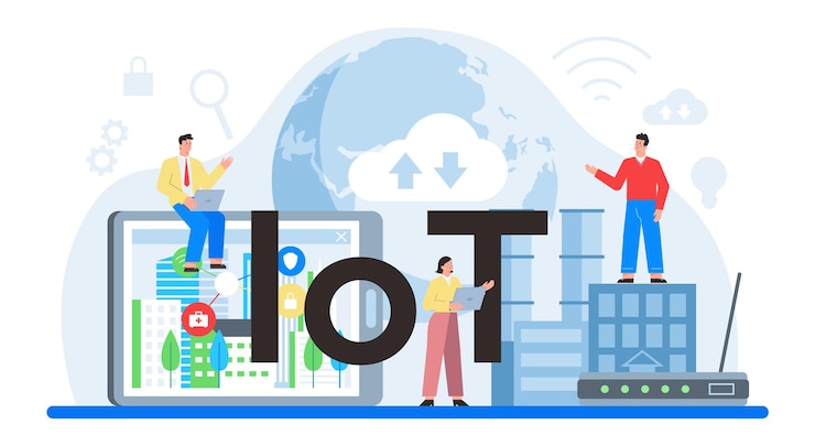 Vector gratuito internet de las cosas encabezado tipográfico idea de electrónica inalámbrica inteligente tecnología global moderna conexión entre dispositivos y electrodomésticos ilustración de vector plano aislado