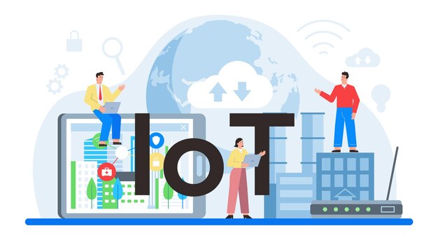 Internet de las cosas encabezado tipográfico Idea de electrónica inalámbrica inteligente Tecnología global moderna Conexión entre dispositivos y electrodomésticos Ilustración de vector plano aislado