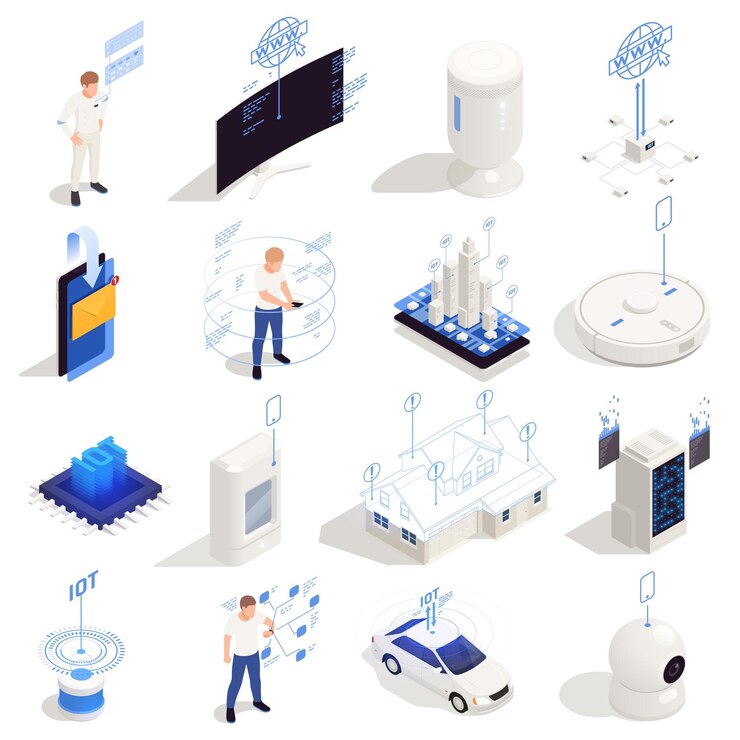 Vector gratuito internet de las cosas iconos isométricos conjunto de equipos compatibles con la red global digital monitoreo remoto y control ilustración vectorial aislada