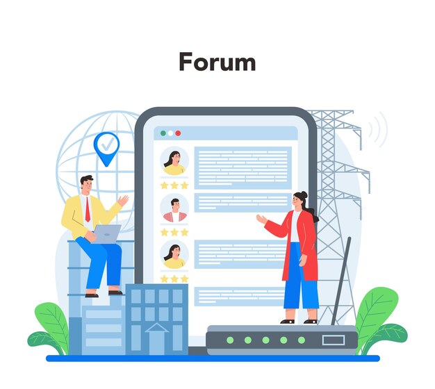 Internet de las cosas servicio o plataforma en línea Idea de electrónica inalámbrica inteligente Tecnología global moderna Foro en línea Ilustración de vector plano