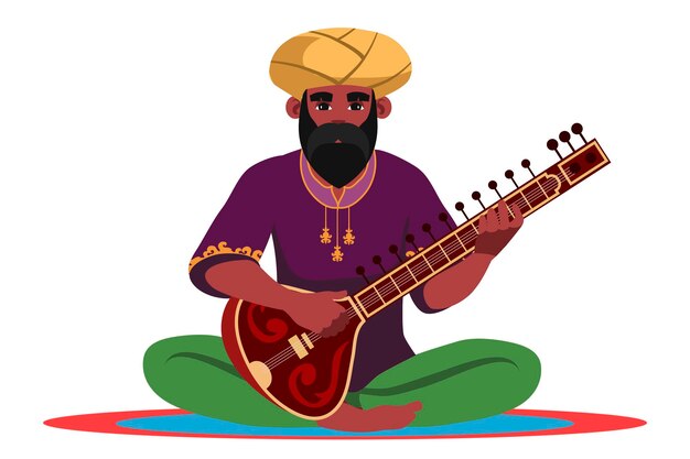 Intérprete de músico indio barbudo en turbante Persona humana en ropa tradicional con instrumento musical hindi sentado aislado sobre fondo blanco
