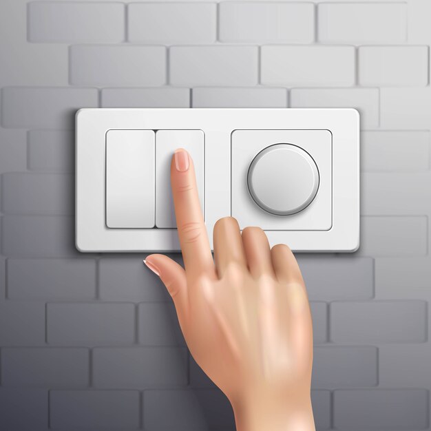 Interruptor de presionar de mano realista con el dedo índice en la pared de ladrillo gris