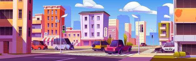 Intersección de la calle de la ciudad de dibujos animados con muchos coches