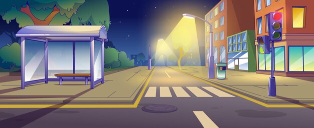 Intersección de calles de la ciudad con acera por la noche