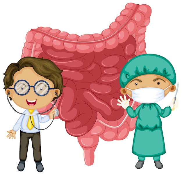 Vector gratuito intestino con dos médicos con personaje de dibujos animados de máscara