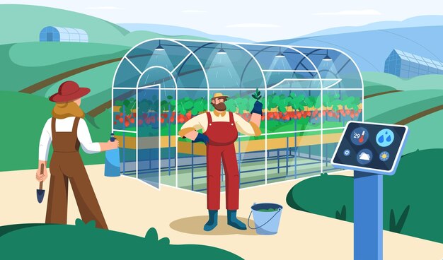 Invernadero plano con granjeros y dispositivos inteligentes para la automatización de plantas de riego