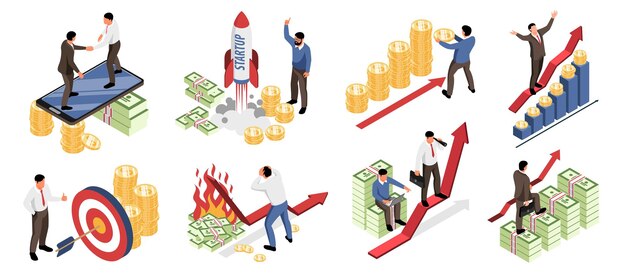 Inversión en el inicio de negocios iconos de colores aislados con hombres de negocios y personajes patrocinadores en la ilustración de vector isométrico de fondo blanco horizontal
