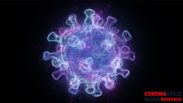 Investigación de Big Data de la enfermedad por Coronavirus. Ilustración de neón de vector 3D de virus y nube de datos. Análisis de virología futurista del SARS. Concepto de exploración de patógenos.