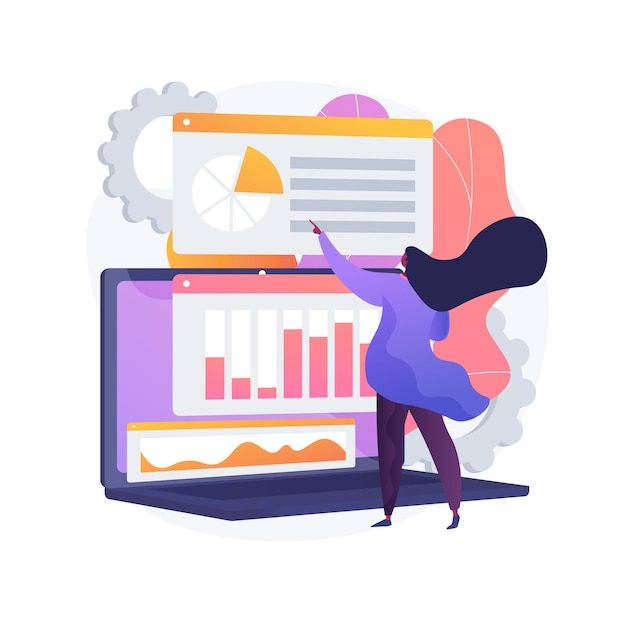 Investigación de datos estadísticos, indicadores de desempeño de la empresa, retorno de la inversión. Razón porcentual, fluctuación de índices, cambio significativo. Ilustración de metáfora de concepto aislado de vector.