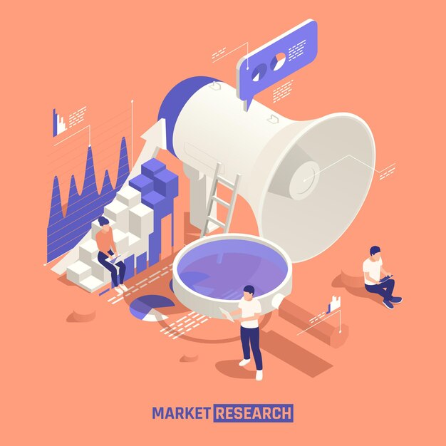 Investigación de mercado isométrica con equipo de personas creativas cerca de gran altavoz y lupa