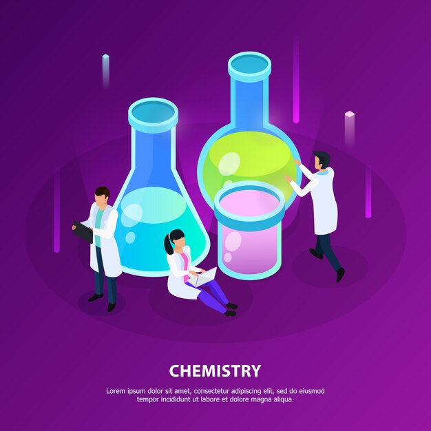 Investigación de química científica durante el desarrollo de vacunas en isométrico morado