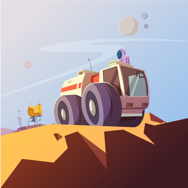 Investigue el fondo de la historieta del vehículo y del cosmonauta con la ilustración del vector del equipo del astronauta