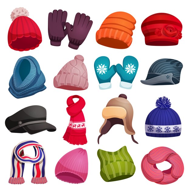Invierno estacional bufanda sombreros gorras guantes mitones conjunto con dieciséis imágenes coloridas aisladas ilustración