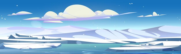 Invierno hielo norte paisaje vector fondo dibujos animados Tierra congelada con montaña nevada norte al aire libre banner Escena de diseño de la naturaleza de la Antártida fría con glaciar y entorno de agua del océano congelado