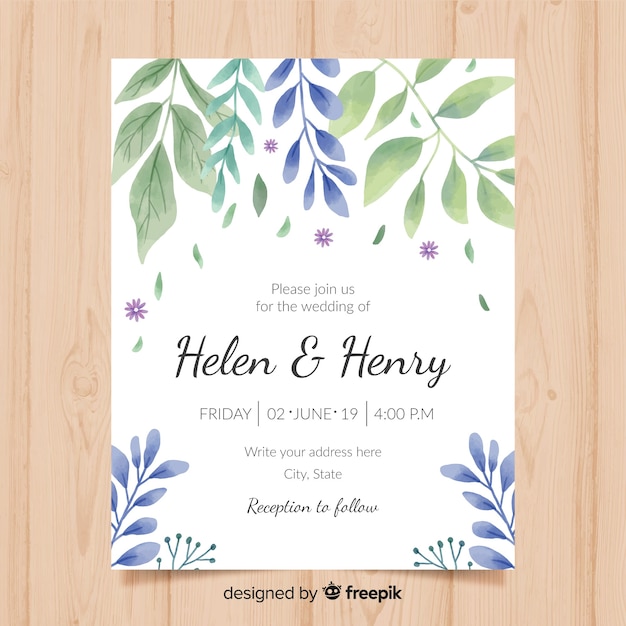 Invitación adorable de boda con hojas en acuarela